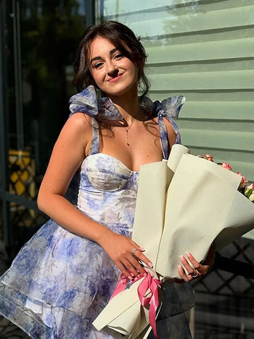 MQTIME  -  Elegant Printed Short Dresses Women Chic Lace Up Sleeveless Puff Dress Female Summer Holiday High Waist Lady Vestidos Beachwear